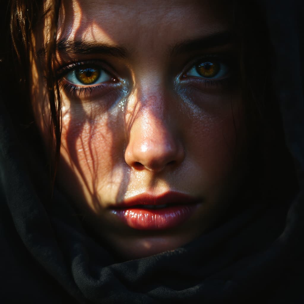 AI generated: An intense, emotional portrait: A person, close-up, their face filling almost the entire image. Thei...