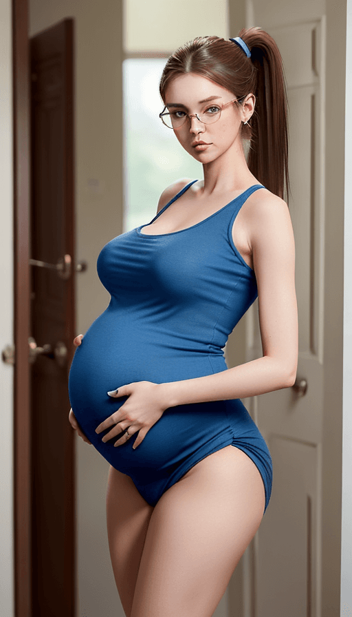 AI generated: An attractive pregnant 23 year old woman with a full figure stands nervously at an open door. She is...