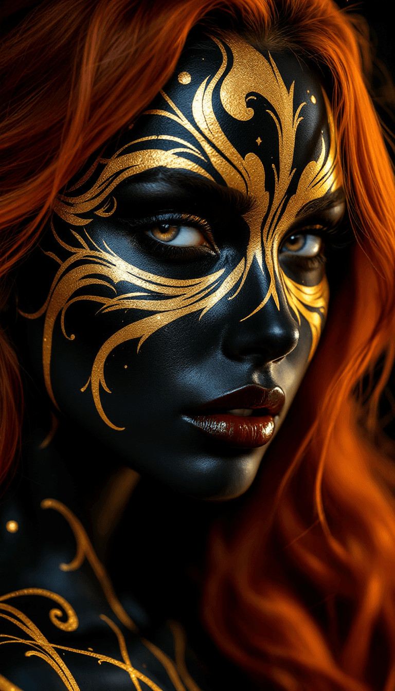 AI generated: A hyperrealistic image of a woman with an elaborate body paint design that resembles a mask with gol...