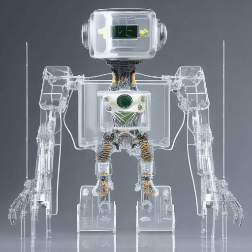 AI generated:  fully transparent robot, concept design, award winning, polycarbonate, pcb, wires, electronics, ful...