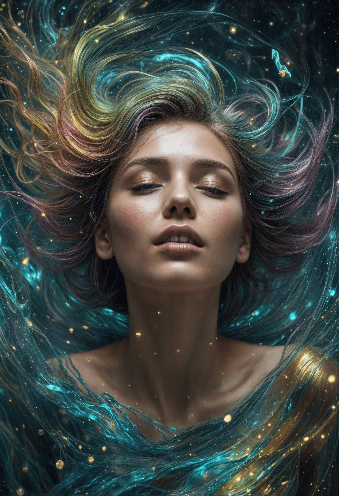 AI generated: a surreal image of a woman floating in a supernatural swirl of colors and forms. Transparent, glitte...