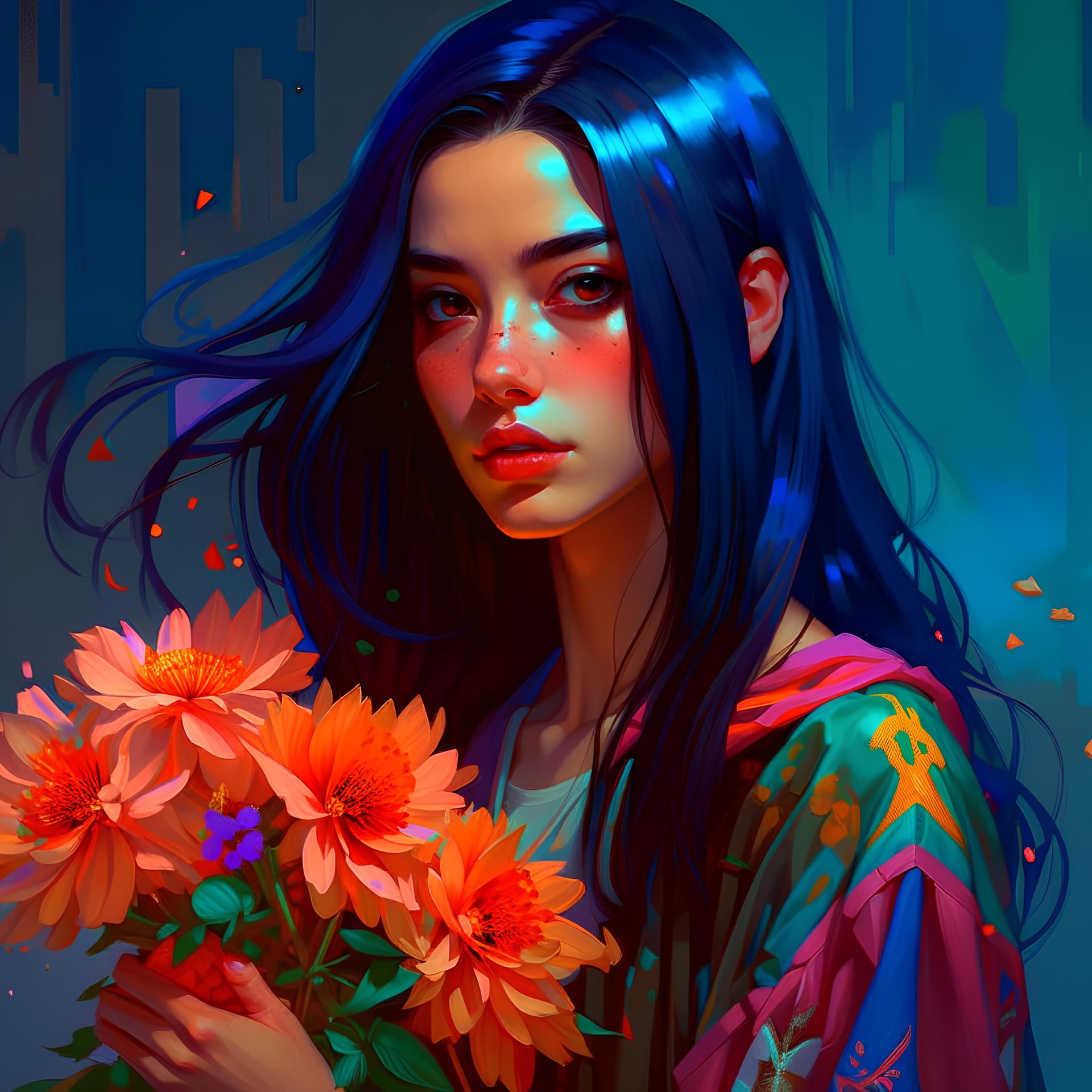 AI generated: a girl with long black hair holding a flower, inspired by loish, aestheticism, y2k aesthetic, cartoo...