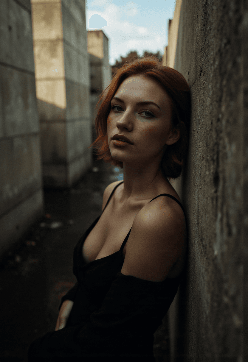 AI generated: High-angle photograph of a freckled redhead with a compassionate expression, dressed in a minimalist...