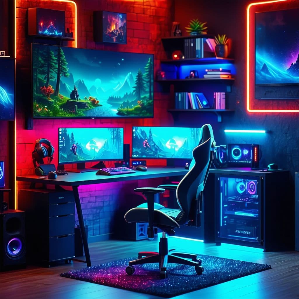 AI generated: Gamer room, isometric style, 3D, LED lights around walls, desk and cyan PC. Dark crimson and emerald...
