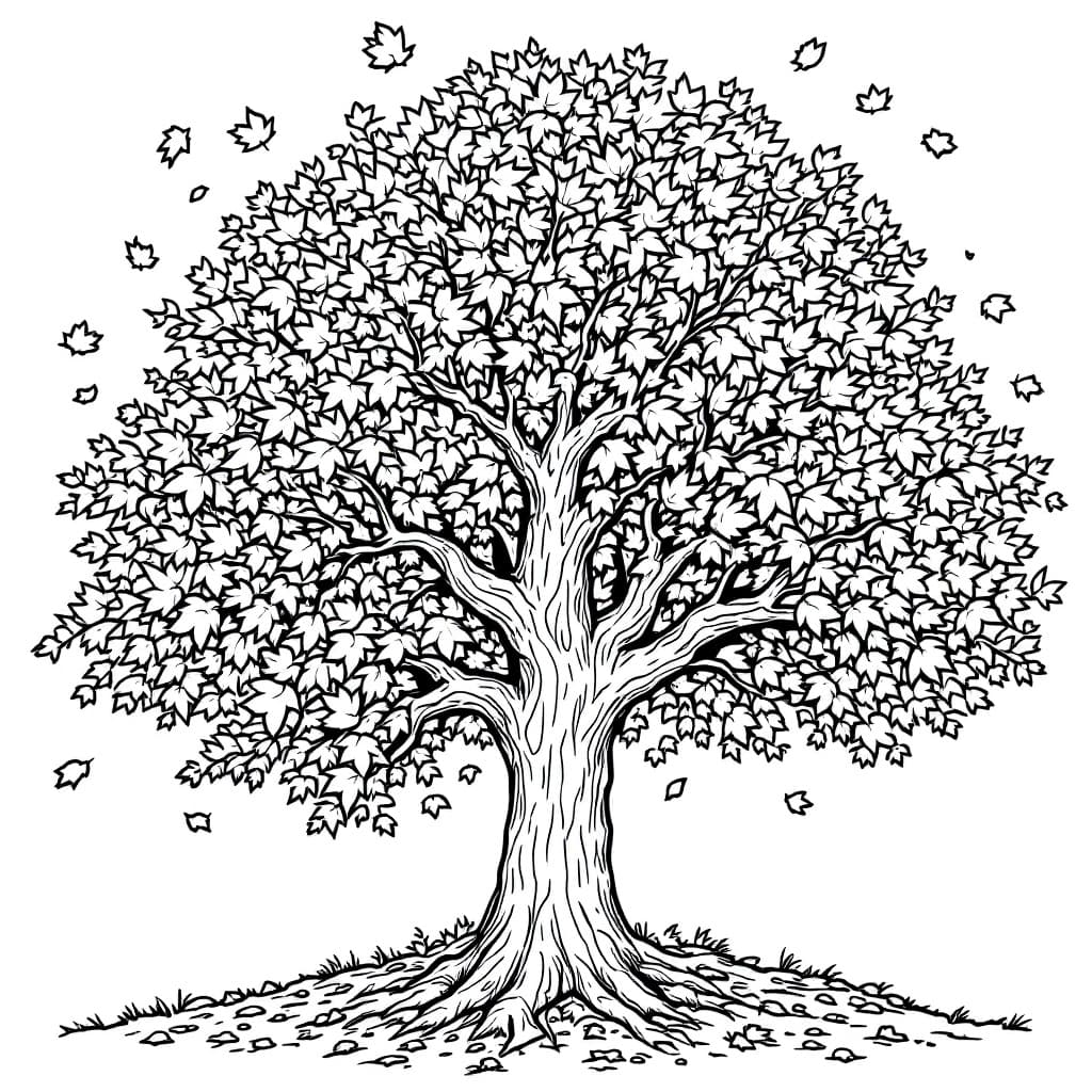 AI generated: Coloring book page,	A tree with falling autumn leaves blowing in the wind, "with no color"