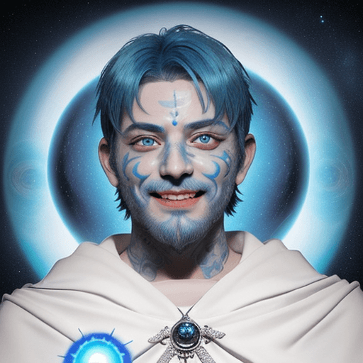 AI generated: Face of a godman with short blue hair, bright blue and white eyes. He is looking straight ahead with...