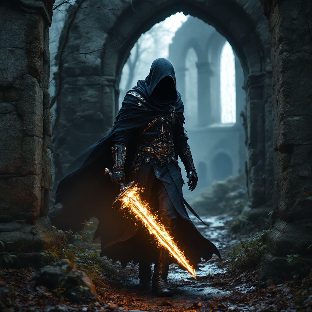 AI generated: medieval black wooded rebel knight cybernetic mage with cool robes and glowing flaming sword full sh...