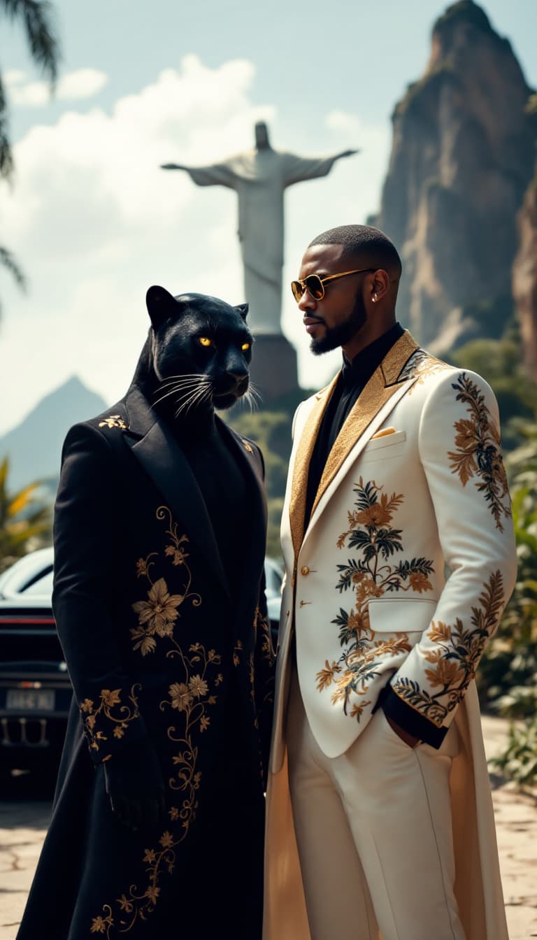 AI generated: A sleek black panther in a white and gold embroidered tuxedo, standing next to a stylish man in a tr...