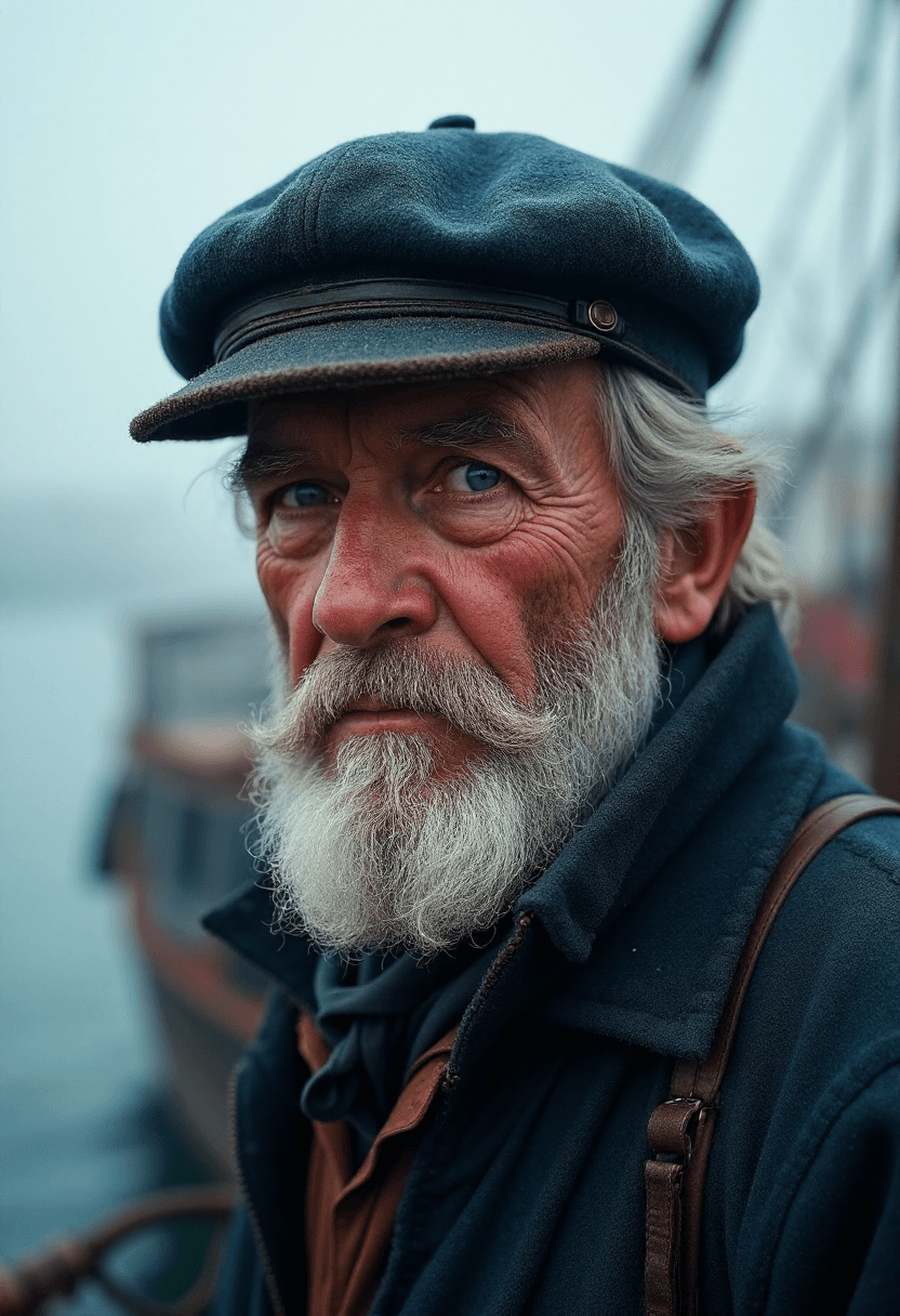AI generated: A hyperrealistic portrait of a weathered sailor in his 60s, with deep-set blue eyes, a salt-and-pepp...