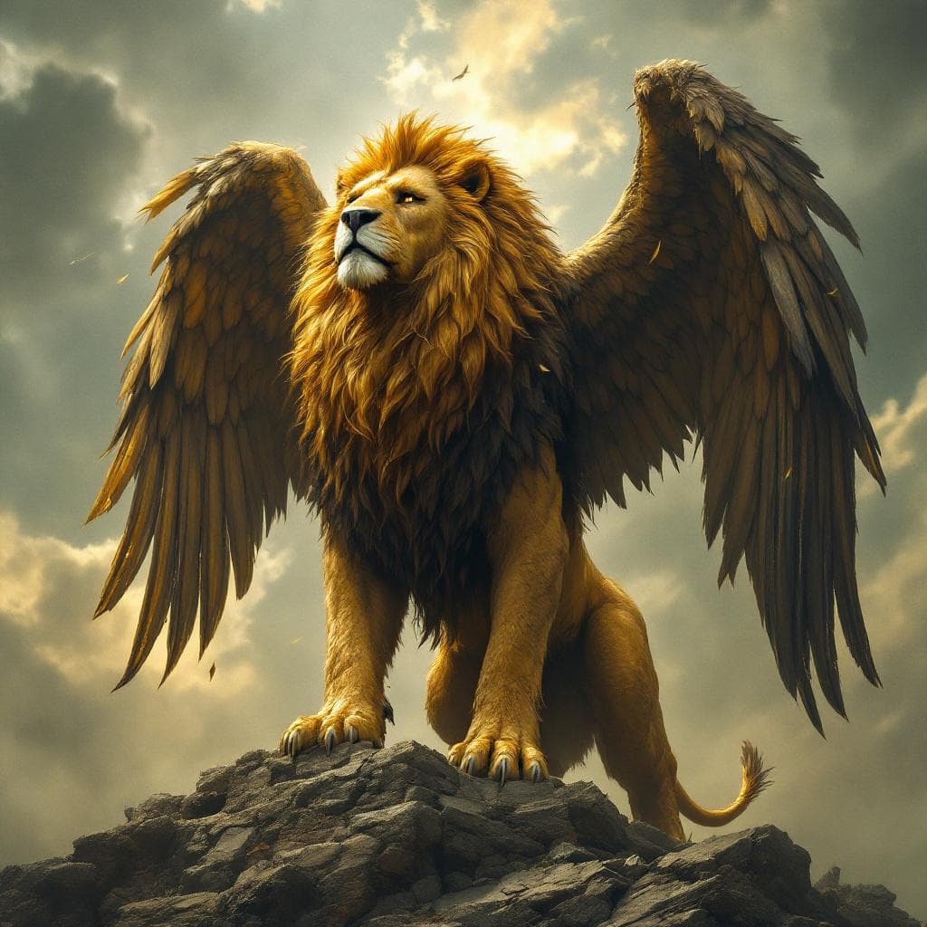 AI generated: A golden lion similar to the earlier beast, standing upright, eagle wings partially plucked, feather...