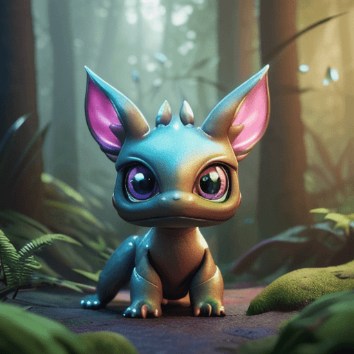 AI generated: (((cute))) Chibi big-eyed Dragon sitting in lush forest, full character concept, iridescent rainbow ...