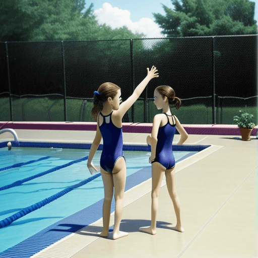 AI generated: Photograph of beautiful preteens chatting as a team and friendly, at the pool, stretching 
