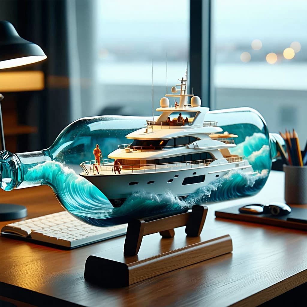 AI generated: A realistic ship in a bottle, featuring a luxury super yacht scene. The yacht is busy with a few peo...