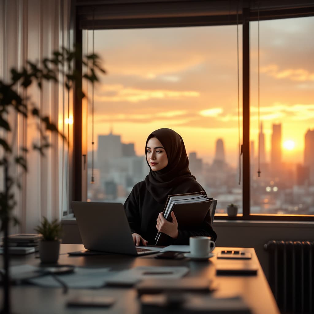 AI generated: Photo of a ultra realistic office,  pale sunrise from window, cinematic lighting, hijab women, hold ...
