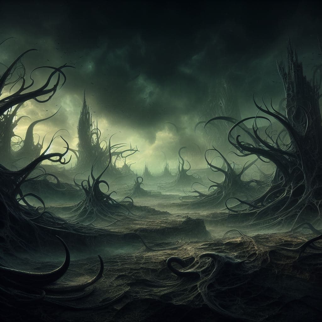 AI generated: A bleak landscape stretches across the gloomy, creepy painting inspired by the surreal world of arti...