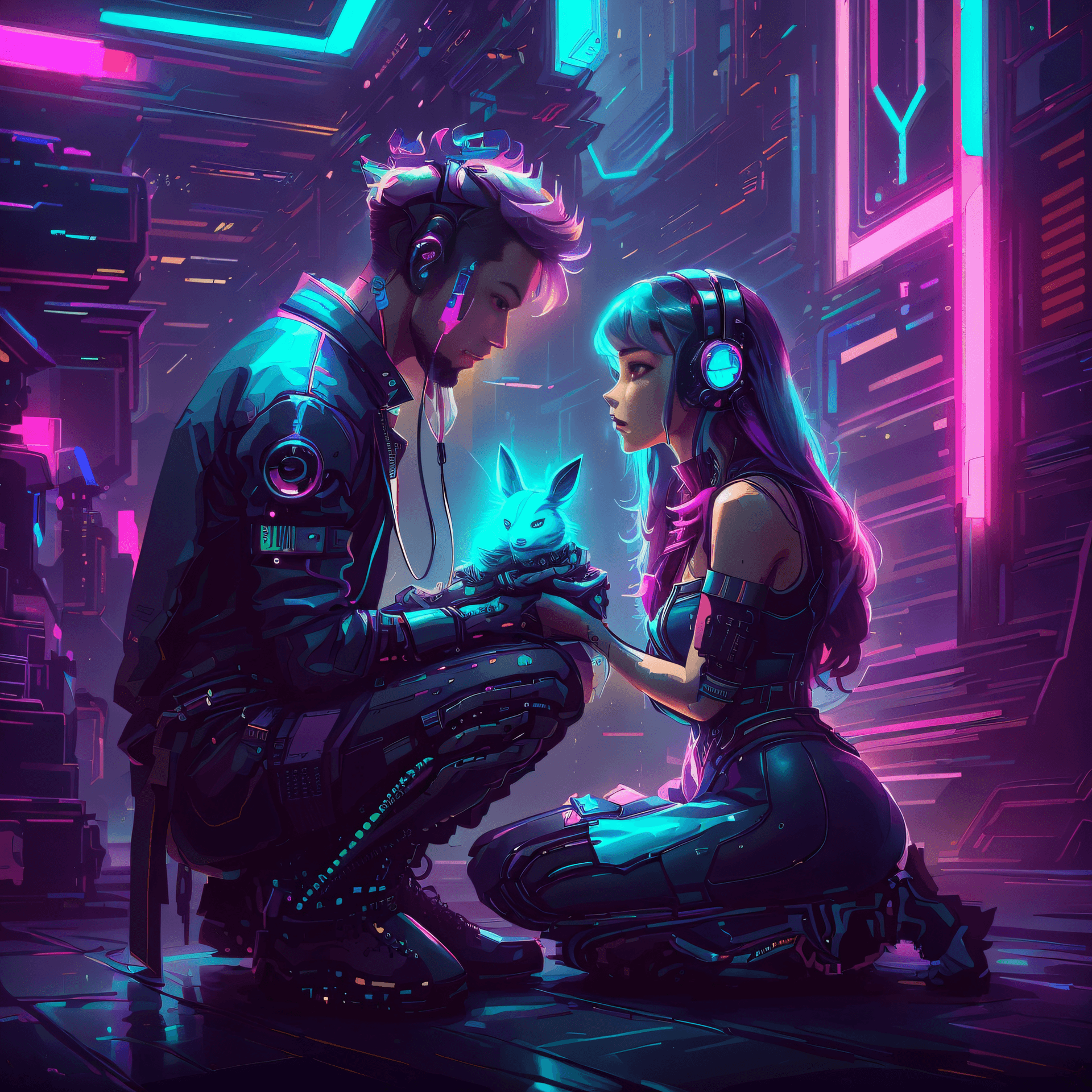 AI generated: arafed image of a man and a woman kneeling down with a rabbit, cyberpunk art style, cyberpunk themed...