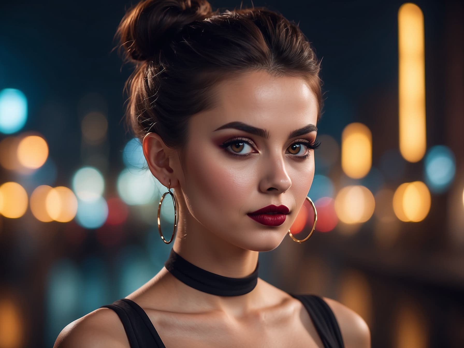 AI generated: a woman wearing a choker and hoop earrings, a photorealistic painting by Alexander Kucharsky, featur...