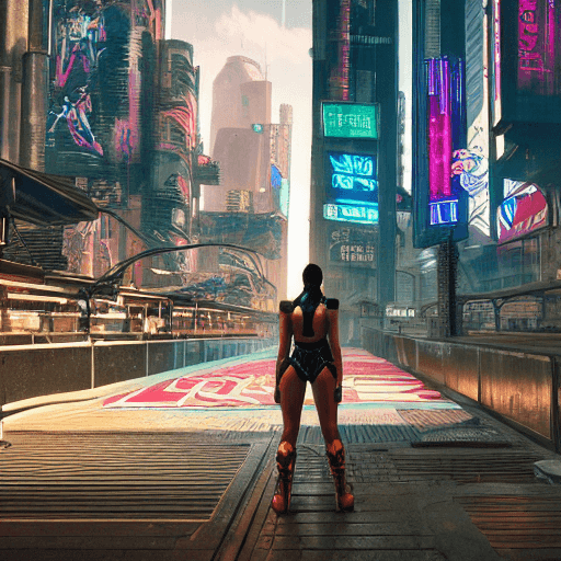 AI generated: wide angle action shot of a beautiful cyberpunk android, gym instructor body, in a cyberpunk city, h...