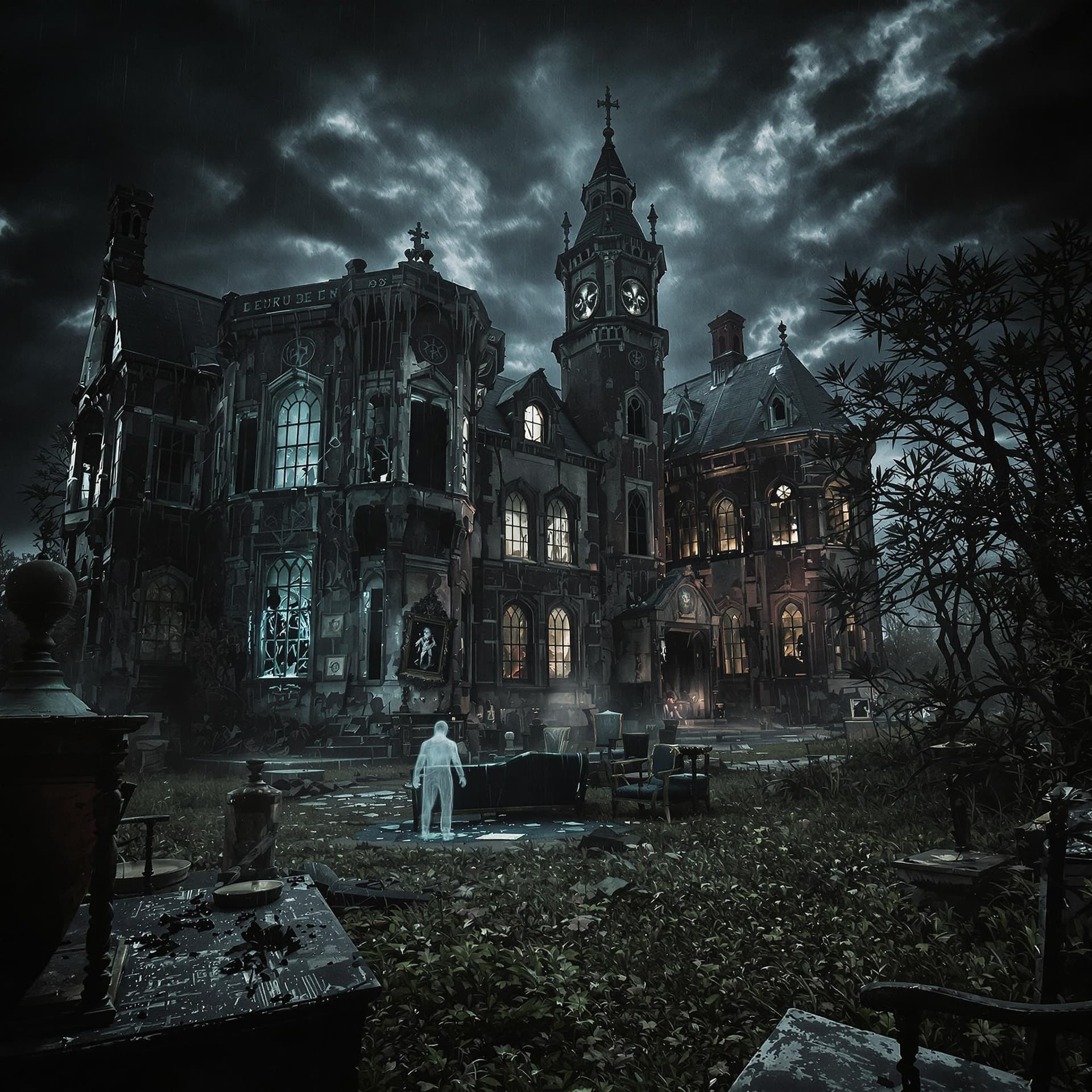 AI generated: A chilling, hyper-realistic scene of a haunted, decaying mansion under a stormy sky. The dimly lit i...