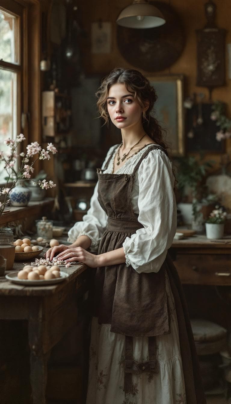 AI generated: A professional photograph captures the most beautiful girl in the world. eine frau im dachatelier, s...