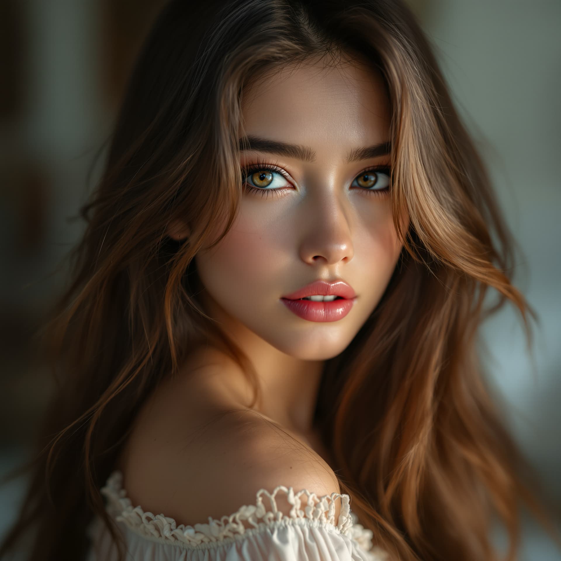 AI generated: A hyper-realistic compose, hot, beautiful girl, 18 years old, with long, shiny brown hair. His eyes ...