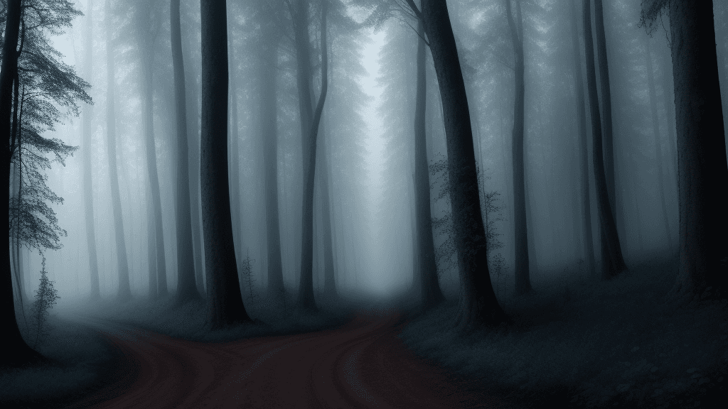 AI generated: Dark forest with foggy background and blue sky. In the middle is a dirt road going deep into the for...