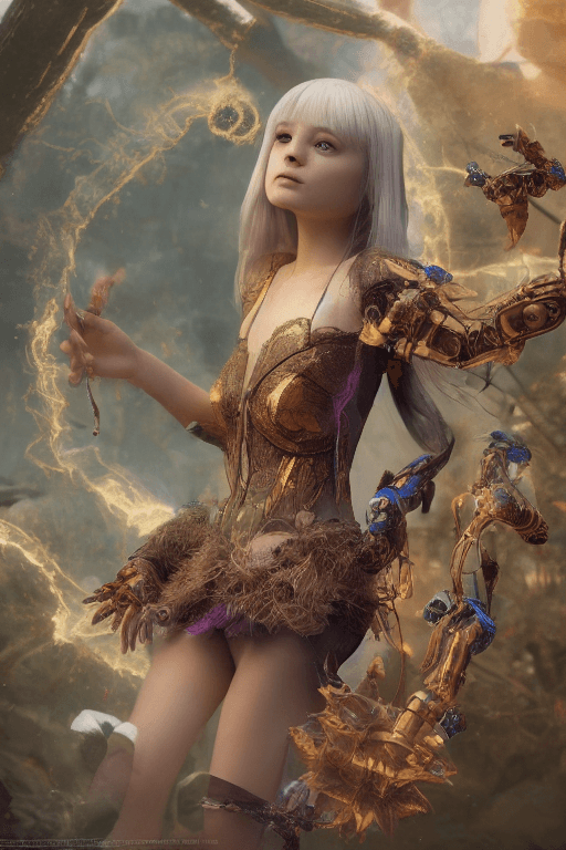 AI generated:  A young sorceress, transported in other world, the land of robots, while looking for her way home, ...