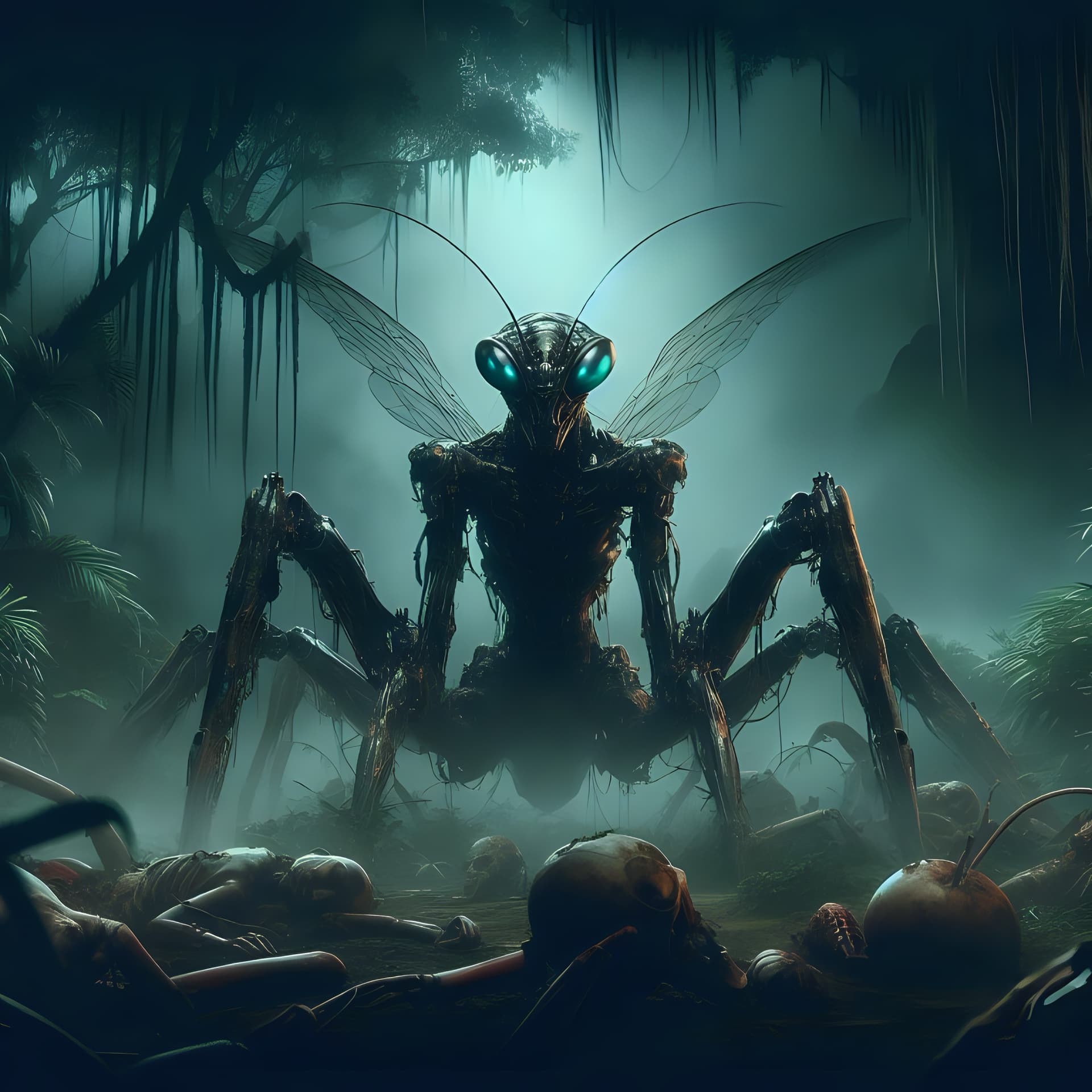 AI generated: mante cyborg  dans une jungle avec des restes de corps déchiqueté