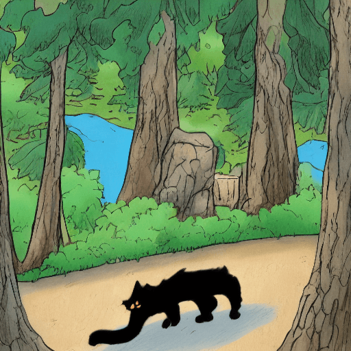 AI generated: 
comix about black cat which waked up in the forest, go out camp and saw lake