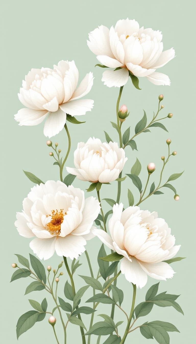 AI generated: A delicate illustration of blooming white peonies on slender green stems, surrounded by soft green l...