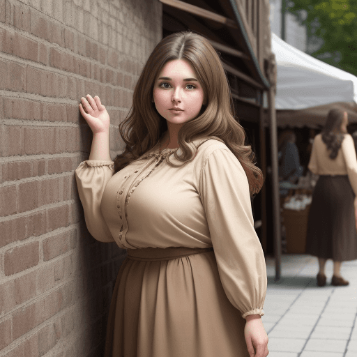 AI generated: plump woman, mousy brown hair, wearing a beige blouse and long brown skirt, peeking around a wall at...