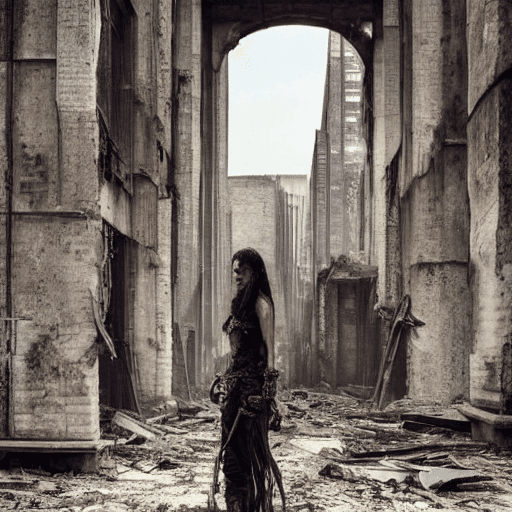 AI generated: Envision a scene from a dystopian future, where the cityscape is ravaged and broken. Amidst the ruin...