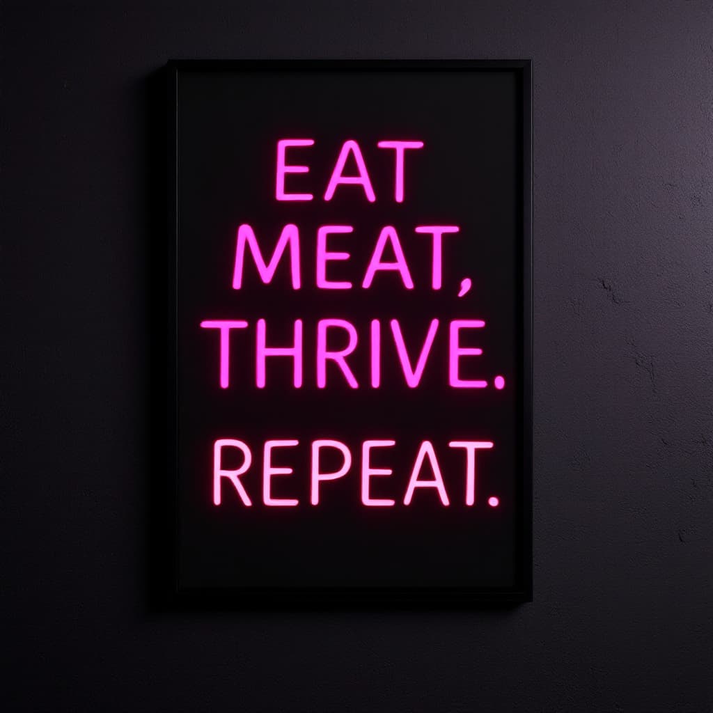AI generated: darker image of wall art that says on it.
Eat Meat.
Thrive.
Repeat.
Photography

