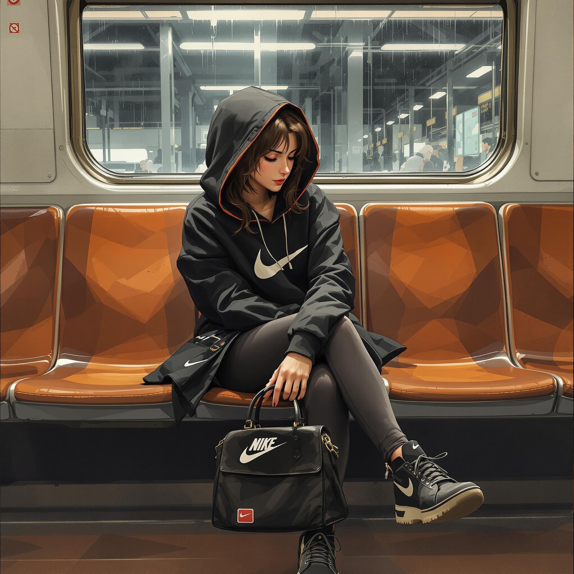 AI generated: a woman sitting on a train seat with a purse in her hand Nike cloths and Iphone  , anime art, a deta...