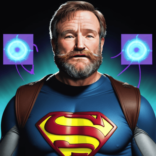 AI generated: Robin Williams with brown hair and a beard as a superhero in The BOYS as  Echo Man, a superhero who ...
