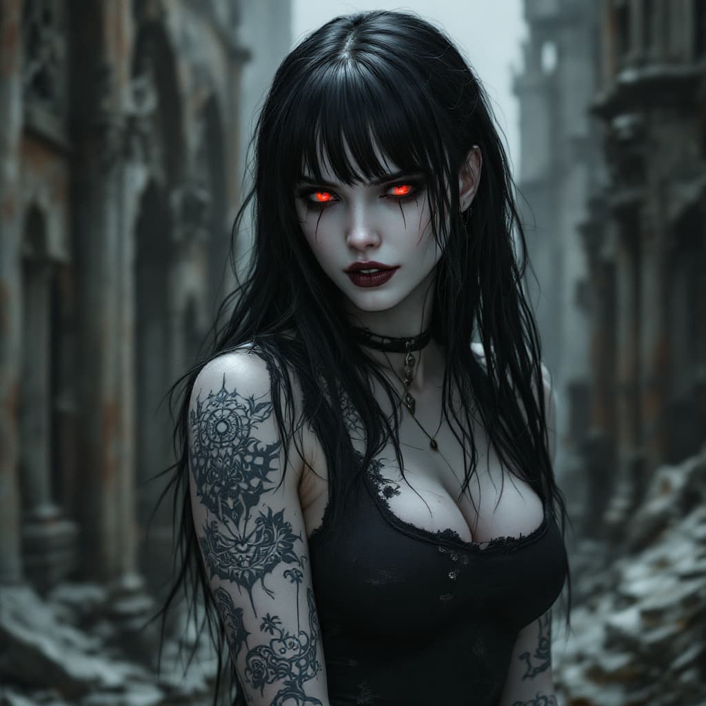 AI generated: A hyper-realistic portrait of a 28yo goth woman with pale porcelain skin and long raven-black hair, ...