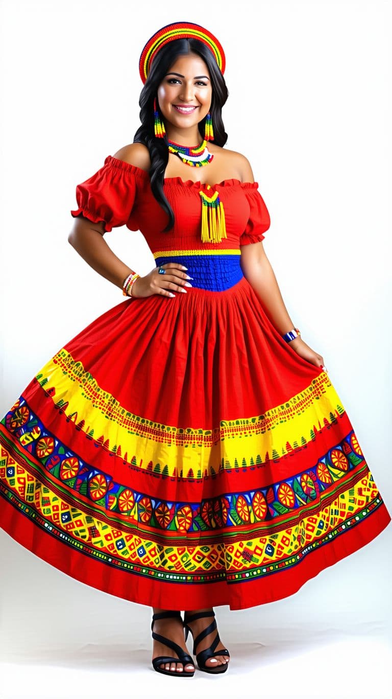 AI generated: High resolution photography of a beautiful Colombian in typical Colombian clothing with full body an...
