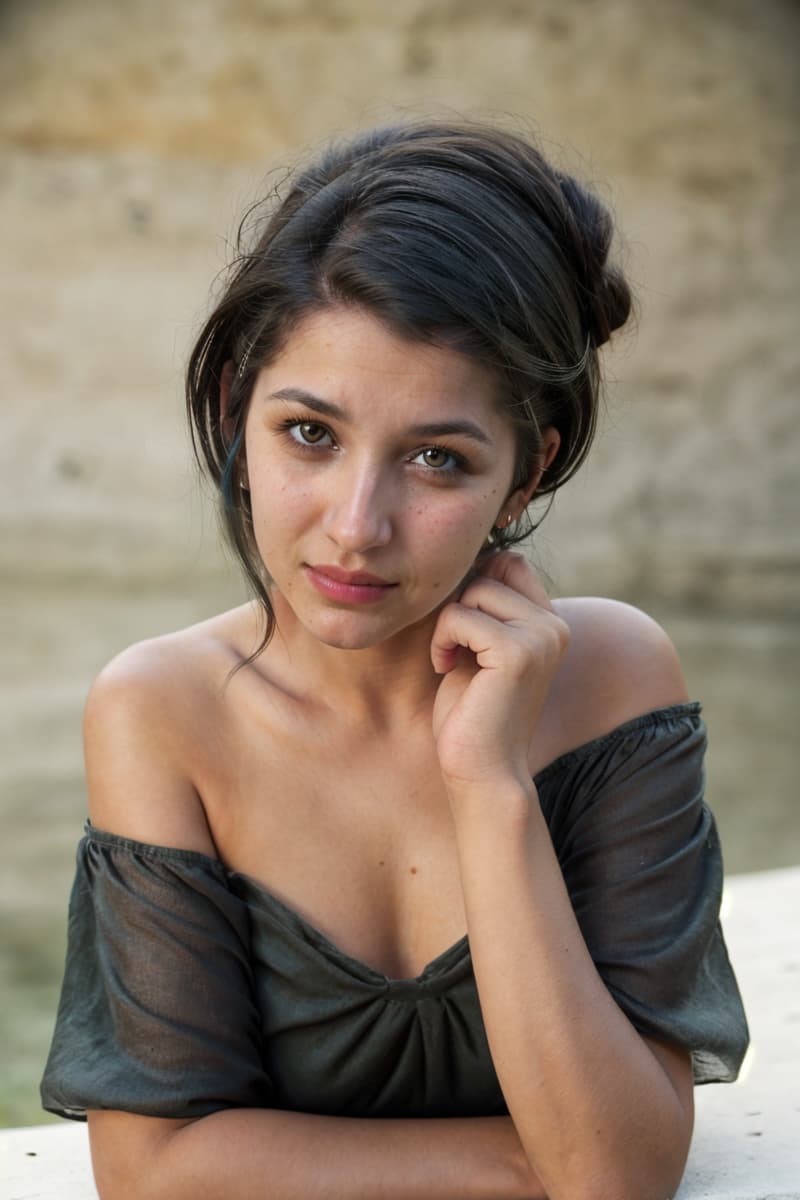 AI generated: An image of a woman offering a sophisticated over-the-shoulder look towards the viewer. Her body is ...