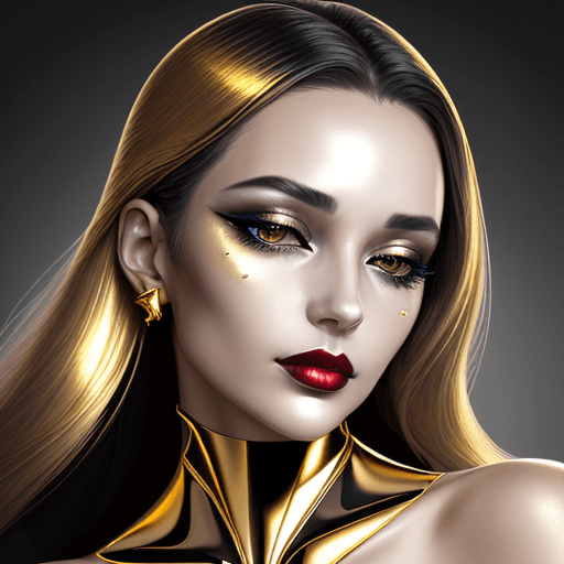 AI generated: Beautiful woman, made up with shiny gold lipstick, like her eyelids, in the style of futuristic mini...