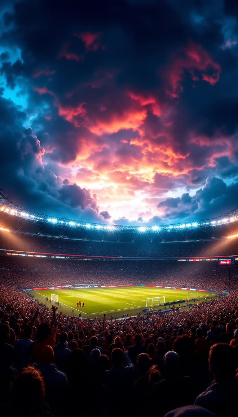 AI generated: Epic night scene of San Mamés stadium full of cheering fans, dramatic clouds above, the Allianz logo...