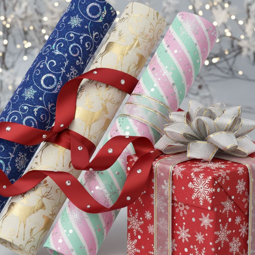AI generated: "Detailed 3D rendering of gift wrap textures, sparkling ribbons and snowflake patterns"