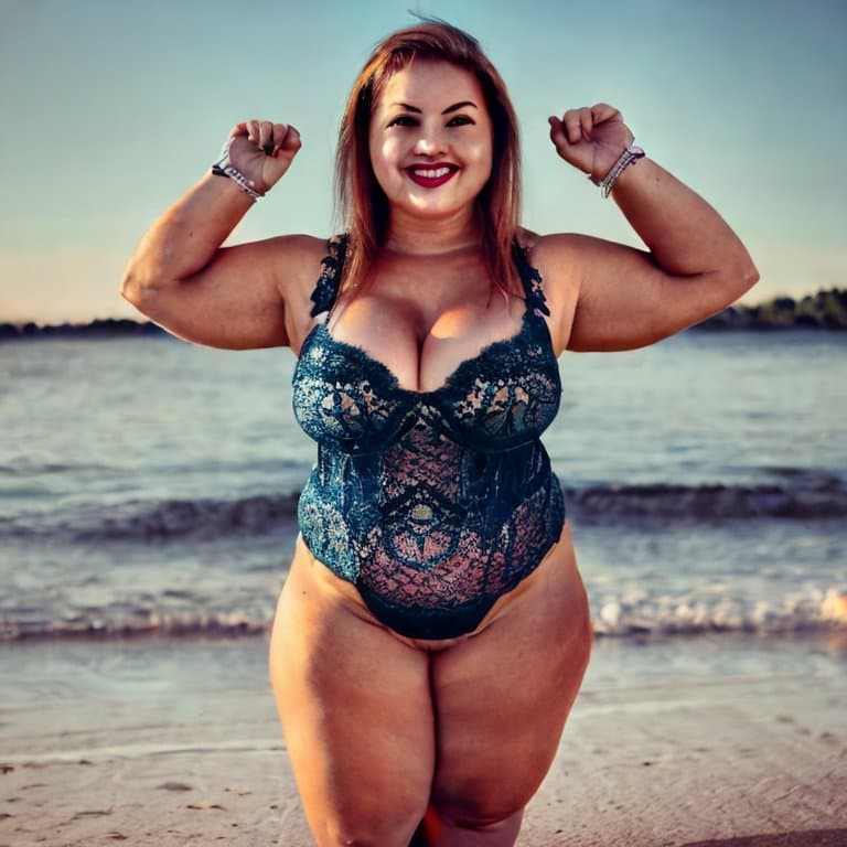 AI generated: curvy lady wearing a lace bikini standing in a star pose, implants, push ups