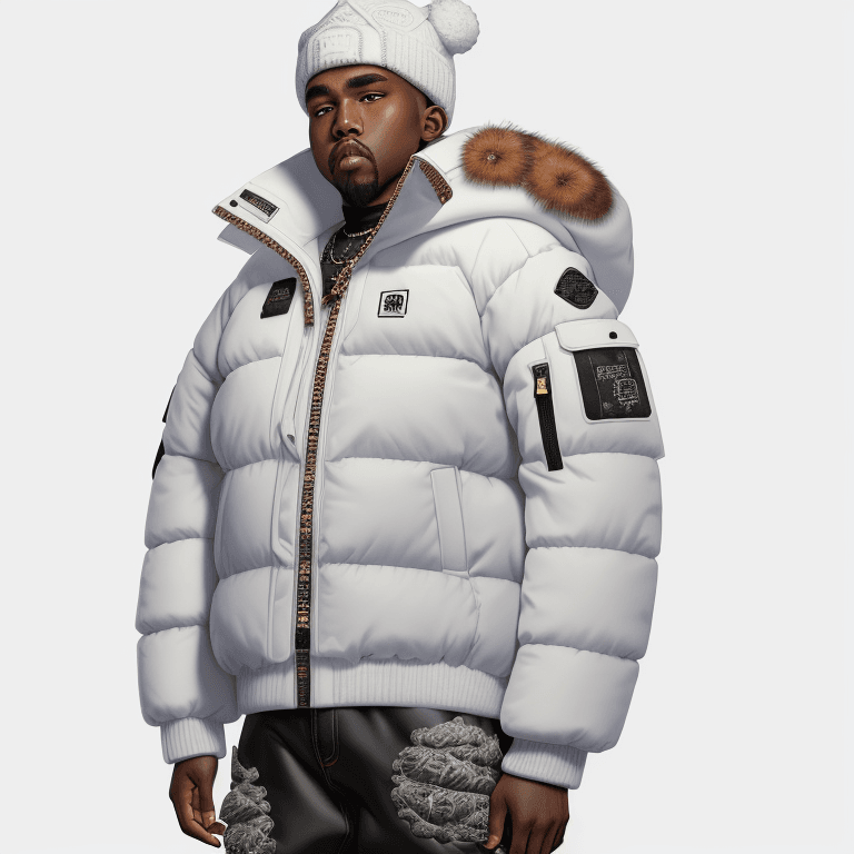 AI generated: milky Fubu winter puffer jacket, design trend, design by kanye west, on a white background, octane, ...