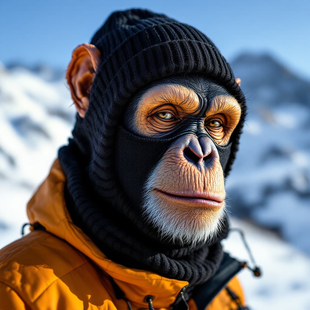 AI generated: a black ribbed knit baklava skimask painted with chimpanzee face on it. 
canon 50mm 1. 2L, ultra det...