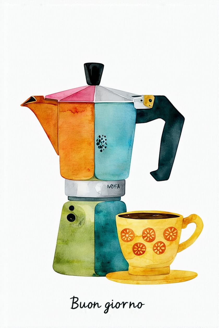 AI generated: A whimsical, colorful watercolor illustration of a Italian Moka pot and a coffee cup, in a naive art...