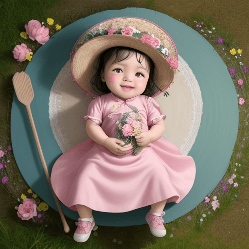 AI generated: Una bebé china, de 3 meses, sonriente, con un vestido rosado, en el pasto con muchas flores, con un ...