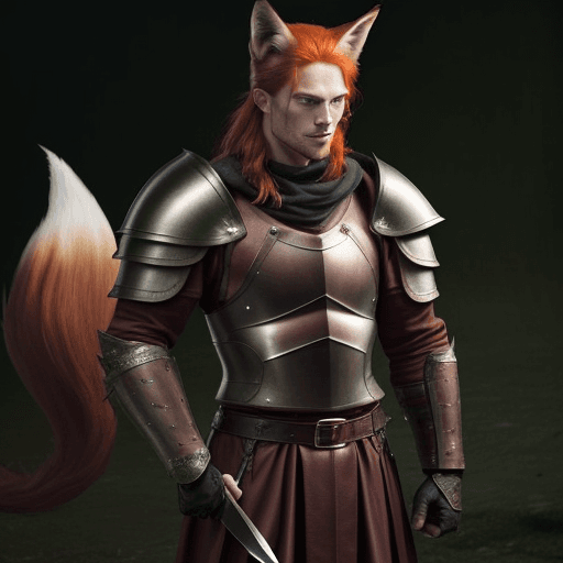 AI generated: Character: Tall, lean, slightly muscular red-haired green-eyed man with fox ears and tail in full se...