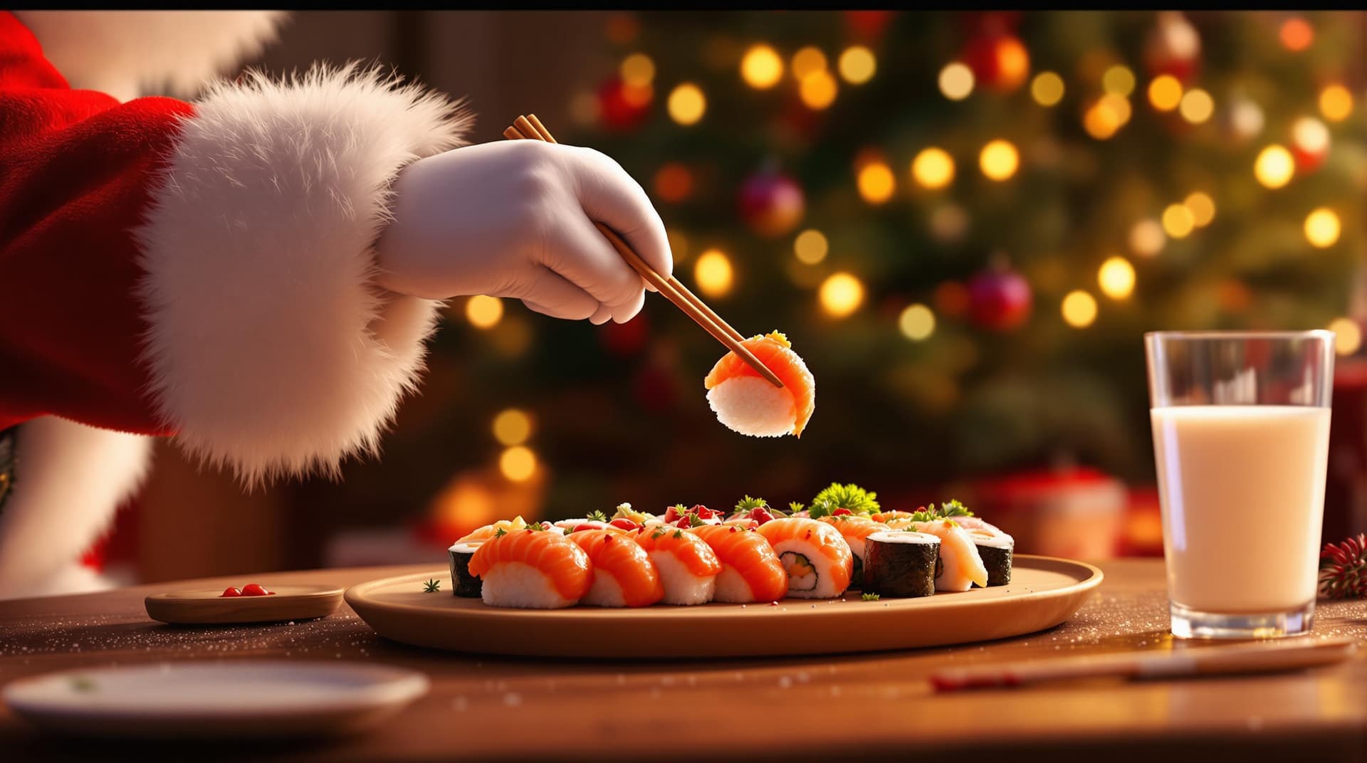 AI generated: A festive scene showing Santa Claus's hand, recognizable by the red sleeve and white fur trim, reach...
