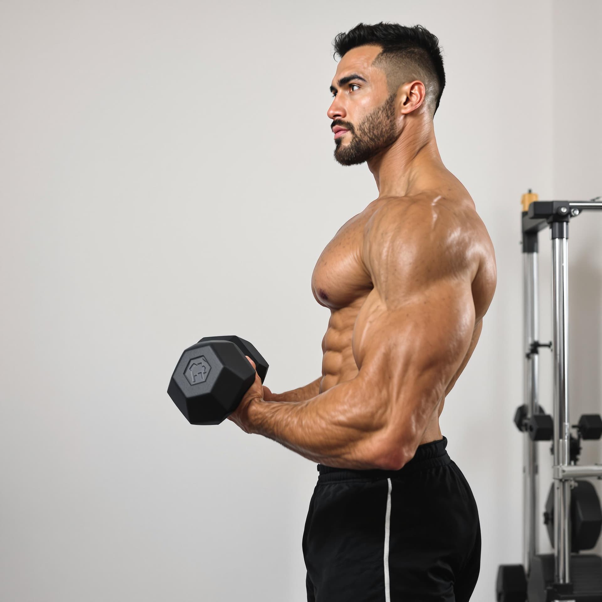 AI generated: side view of bodybuilder standing, lifting a dumbbell while looking at the camera