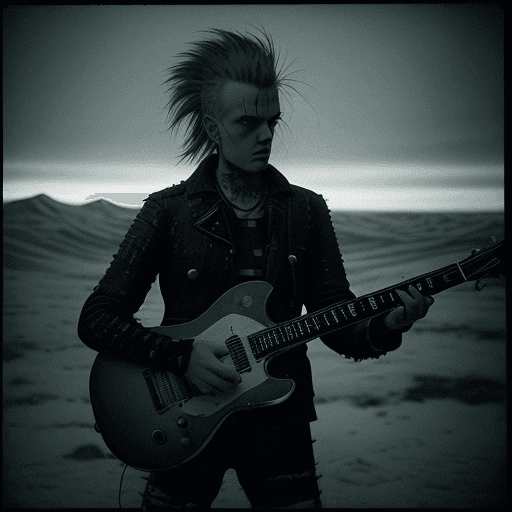 AI generated: Christmas portrait of  a  guitar player, performing at the end of the world, with punk attitudet and...